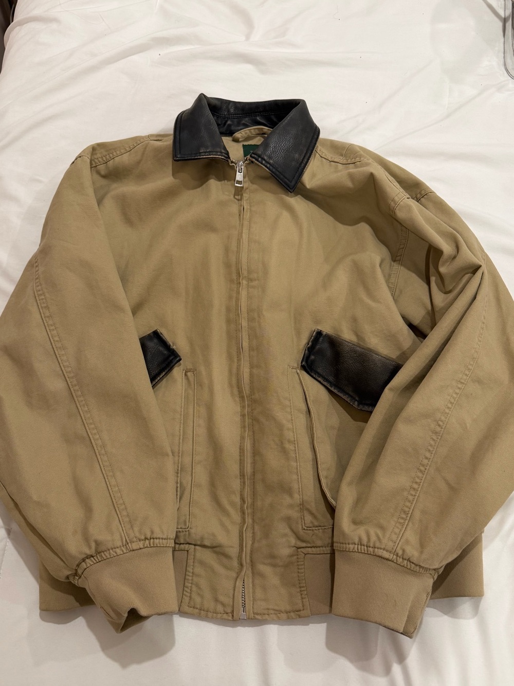 Women’s Tan Bomber Jacket with Black Leather Trim